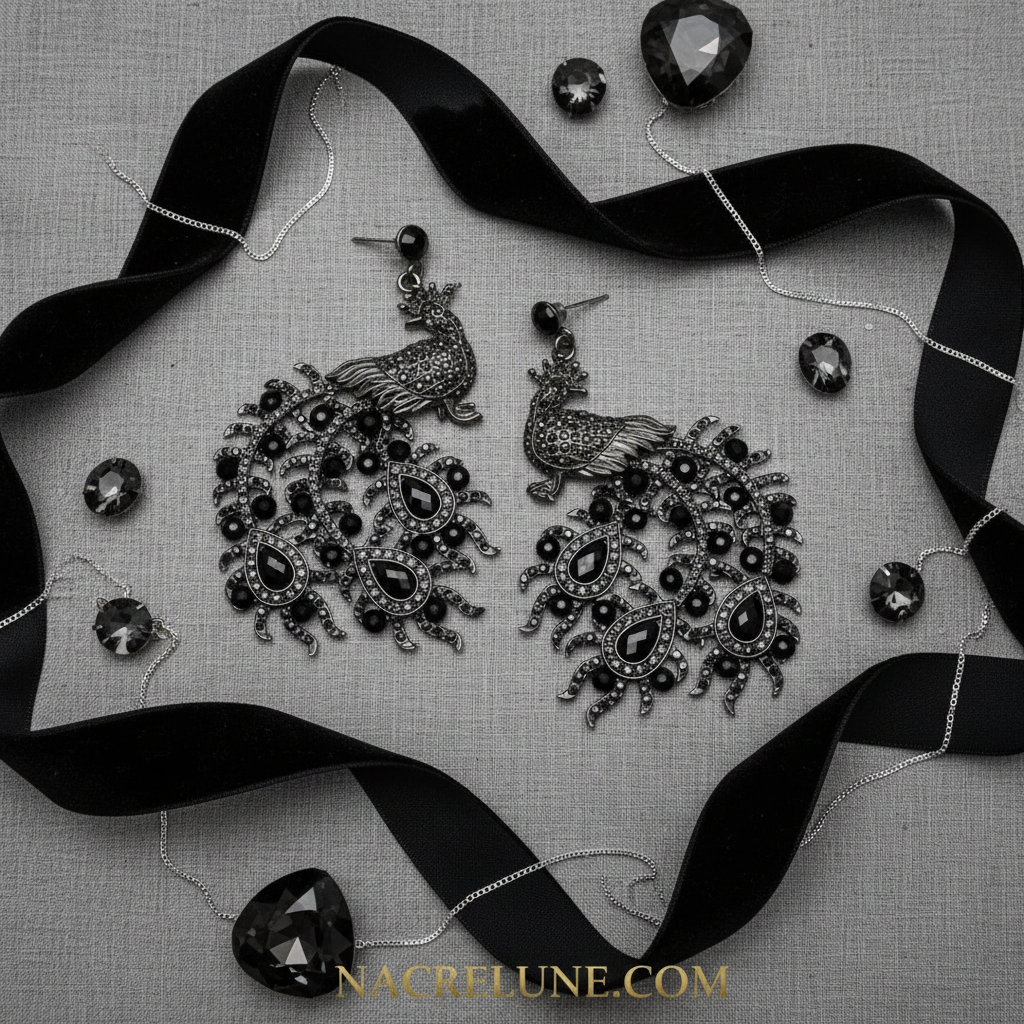 boucles d'oreille en strass en forme de paon noir nacrelune.com boucles d'oreille