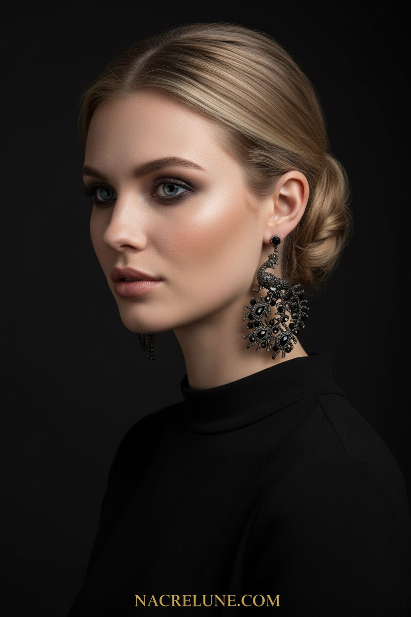 boucles d'oreille en strass en forme de paon noir nacrelune.com boucles d'oreille