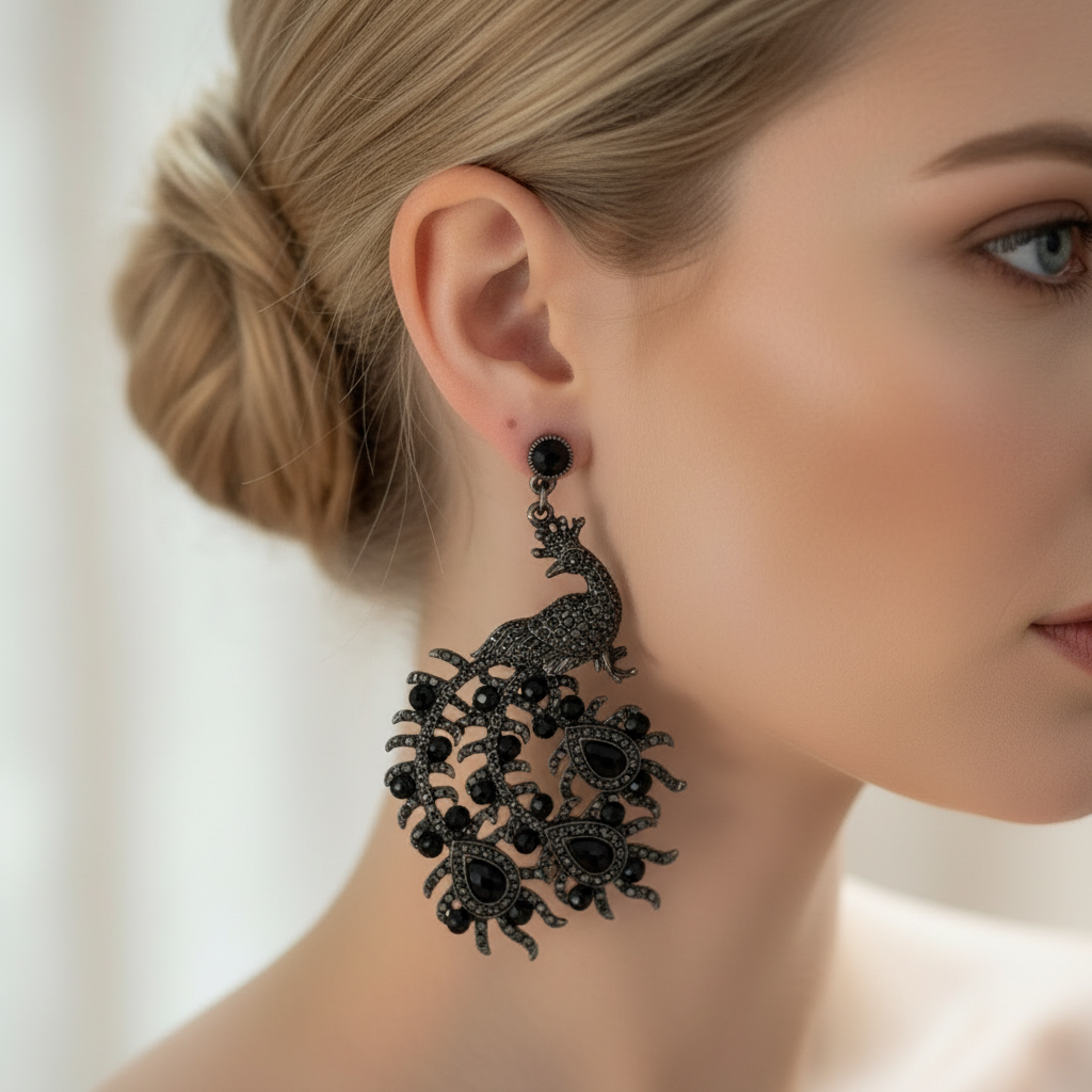 boucles d'oreille en strass en forme de paon noir nacrelune.com boucles d'oreille
