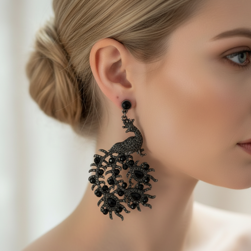 boucles d'oreille en strass en forme de paon noir nacrelune.com boucles d'oreille