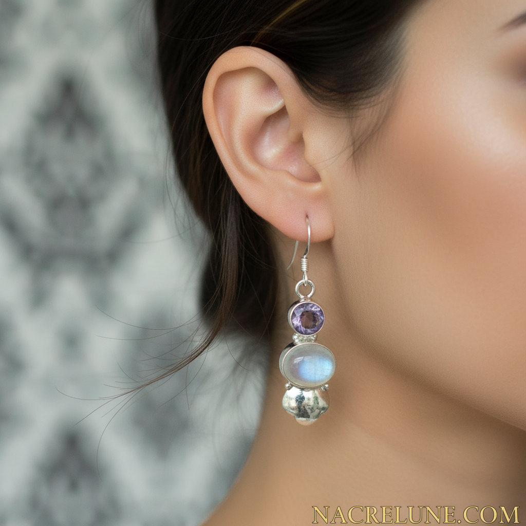 boucles en argent et pierres de lune avec améthystes nacrelune.com boucles d'oreille