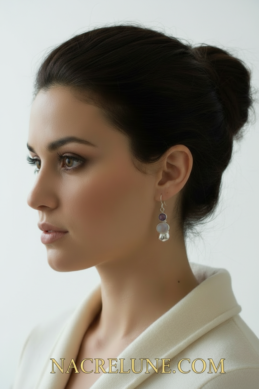 boucles en argent et pierres de lune avec améthystes NACRELUNE boucles d'oreille