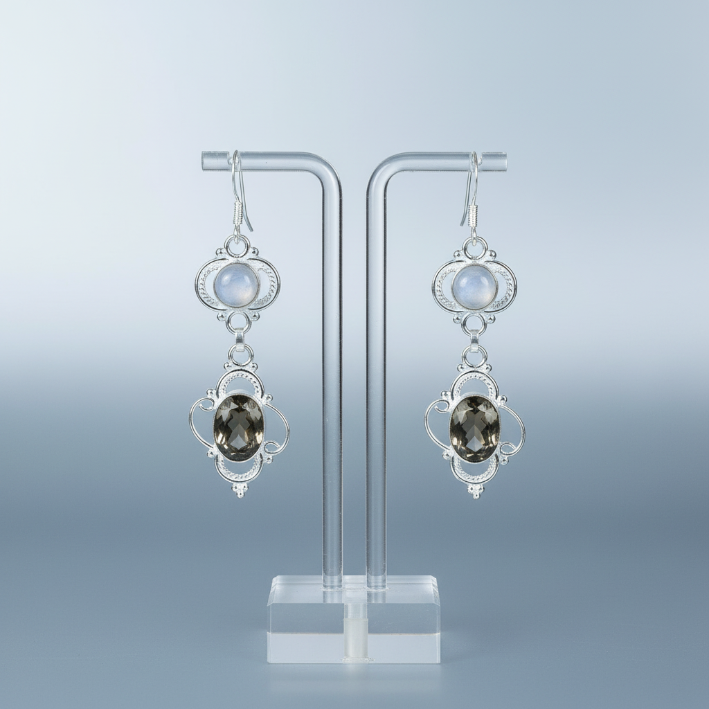 Boucles d'oreille en argent avec pierre lune et quartz fumé nacrelune.com boucles d'oreille