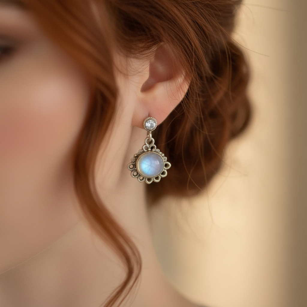 Boucles d'oreille en argent avec pierres de lune nacrelune.com boucles d'oreille