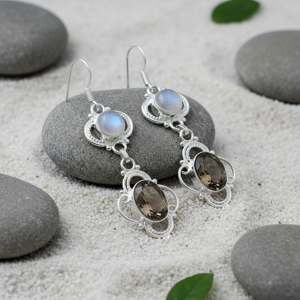 Boucles d'oreille en argent avec pierre lune et quartz fumé nacrelune.com boucles d'oreille