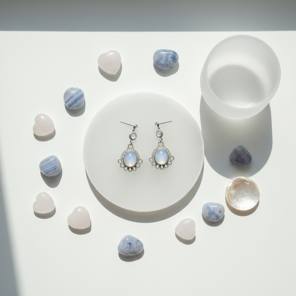 Boucles d'oreille en argent avec pierres de lune nacrelune.com boucles d'oreille