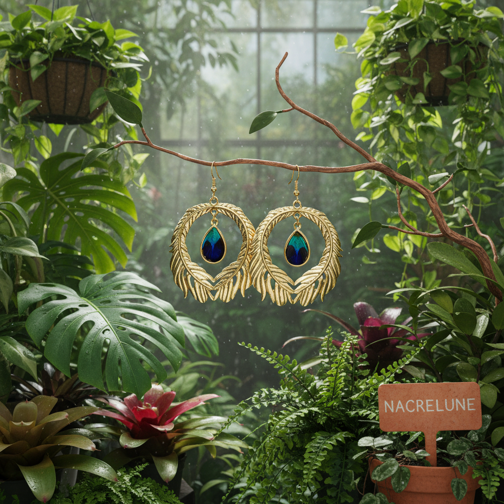 Grandes boucles d'oreille fantaisie en forme de plume de paon nacrelune.com boucles d'oreille