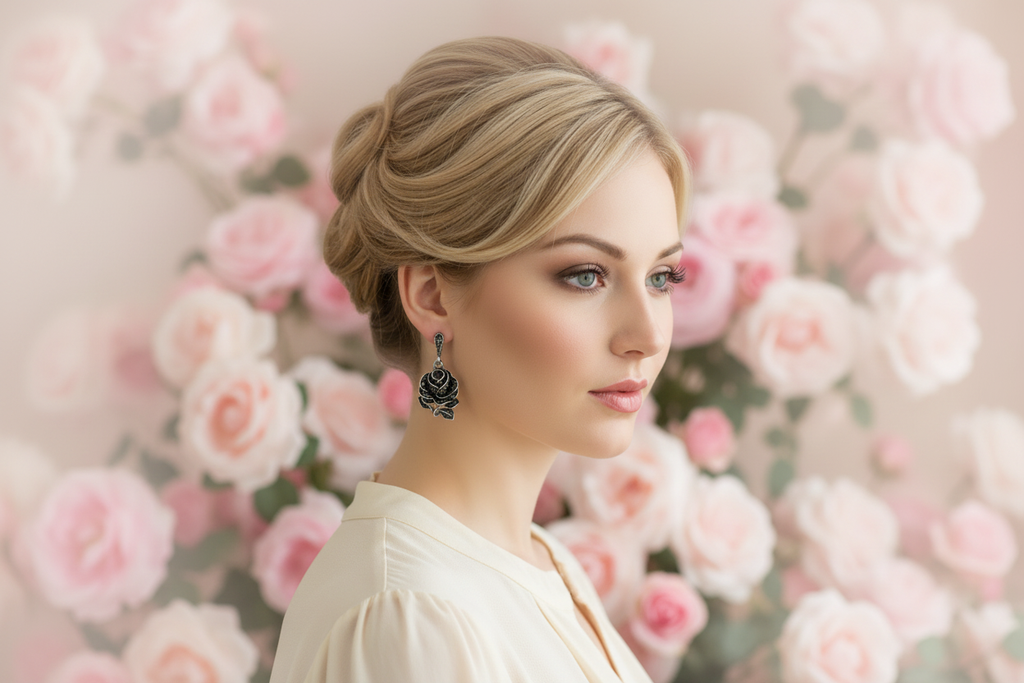 Boucles d’oreille en argent et marcassites en forme de rose nacrelune.com boucles d'oreille