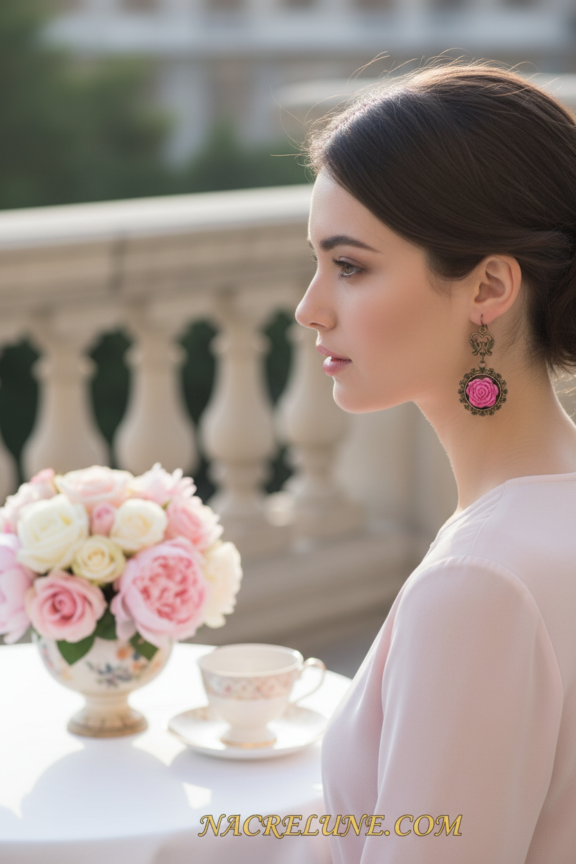 Boucles d’oreille romantiques avec fleurs roses nacrelune.com boucles d'oreille