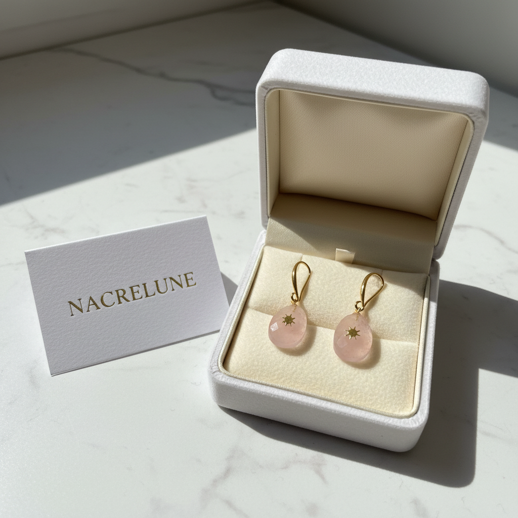 Boucles quartz rose écrin velours blanc NACRELUNE