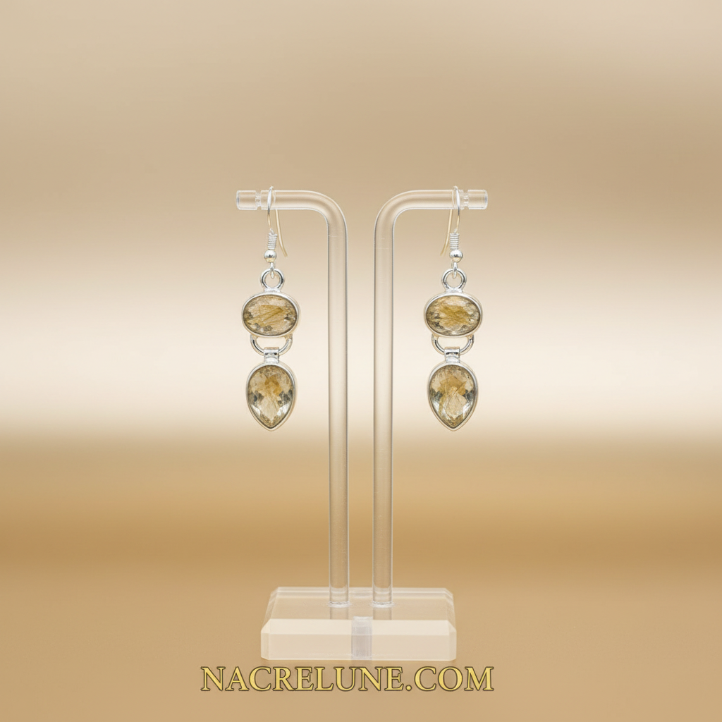 Boucles d'oreille en argent avec quartz rutiles nacrelune.com boucles d'oreille