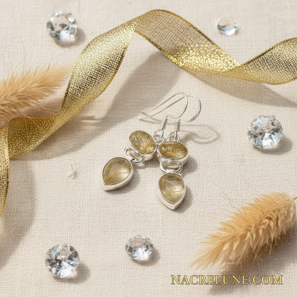Boucles d'oreille en argent avec quartz rutiles nacrelune.com boucles d'oreille