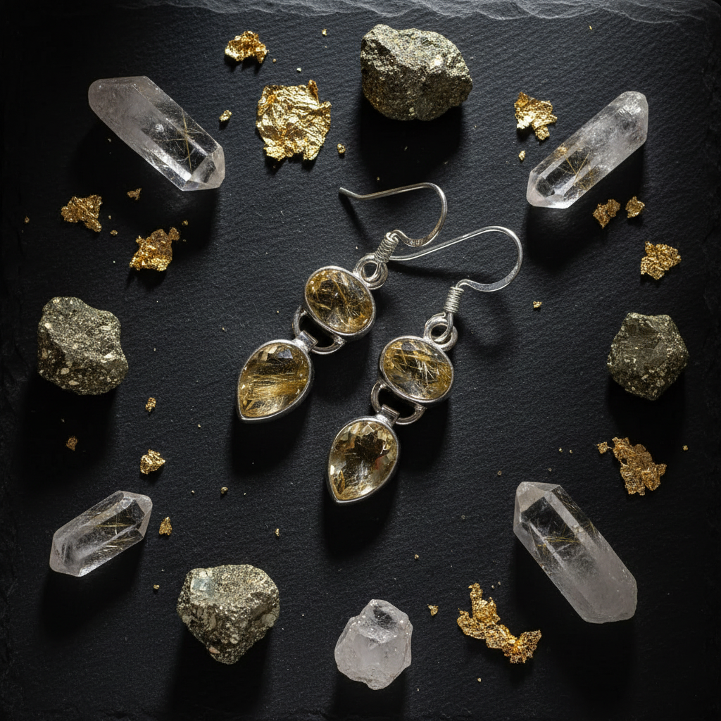 Boucles d'oreille en argent avec quartz rutiles nacrelune.com boucles d'oreille