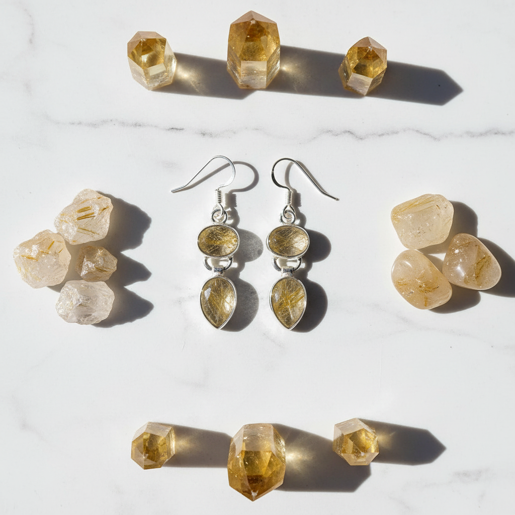 Boucles d'oreille en argent avec quartz rutiles nacrelune.com boucles d'oreille