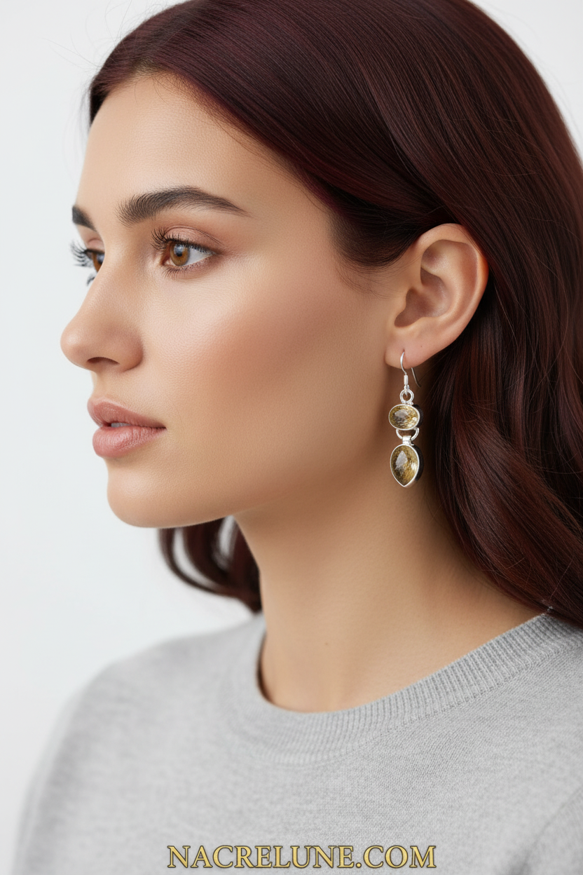 Boucles d'oreille en argent avec quartz rutiles nacrelune.com boucles d'oreille