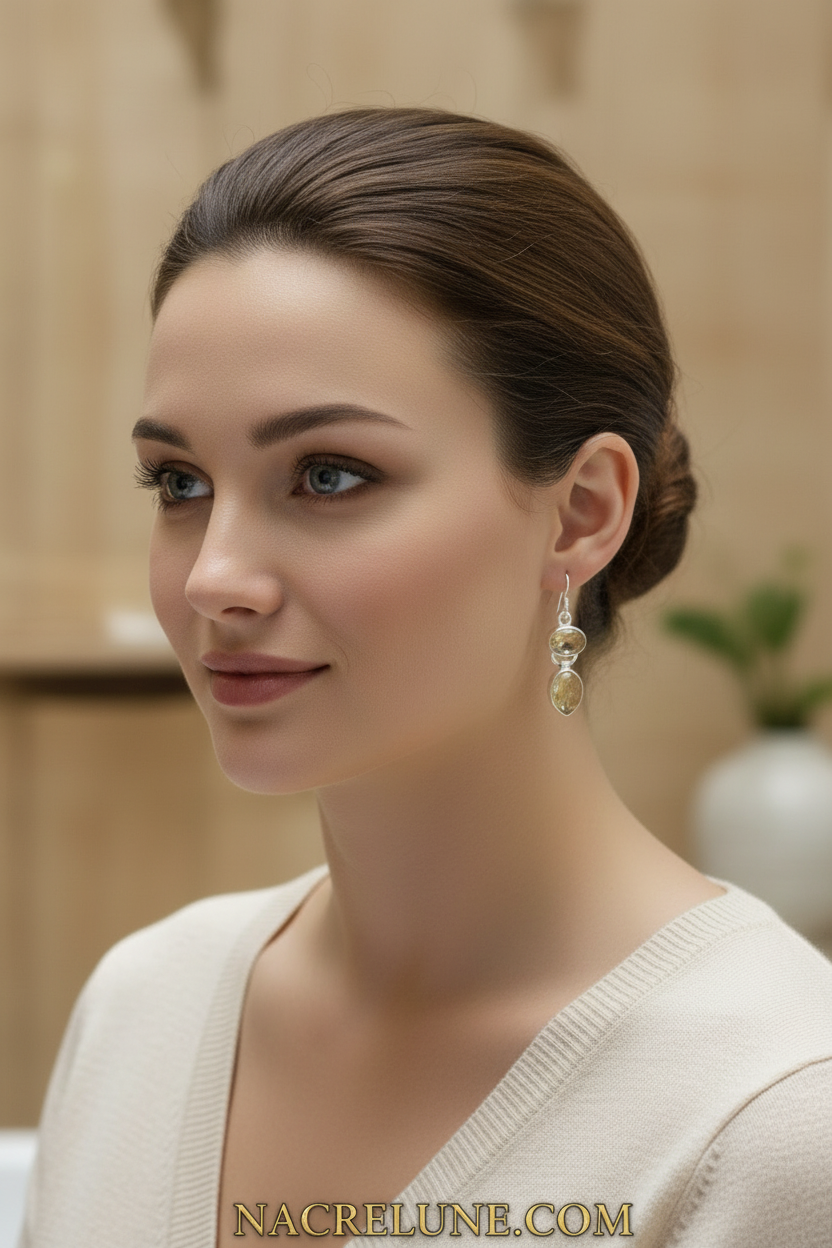 Boucles d'oreille en argent avec quartz rutiles nacrelune.com boucles d'oreille
