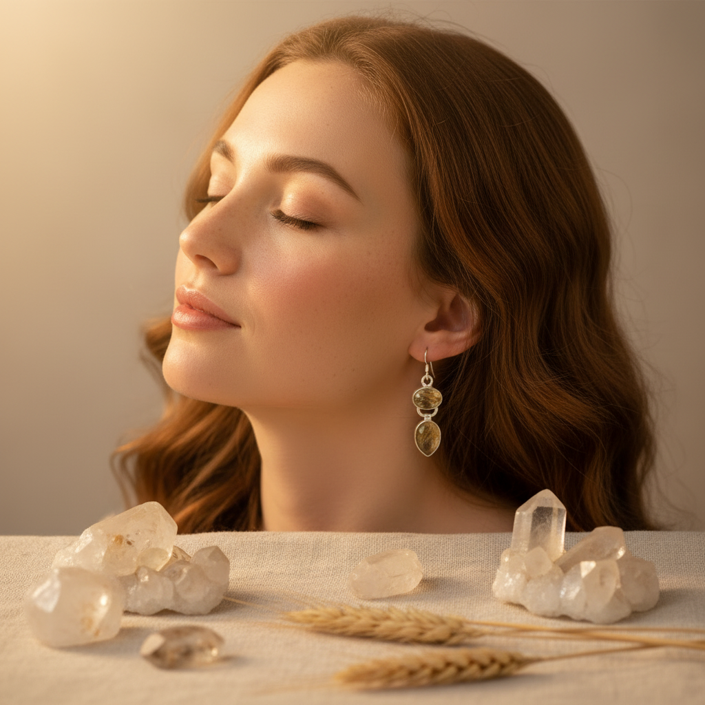 Boucles d'oreille en argent avec quartz rutiles nacrelune.com boucles d'oreille