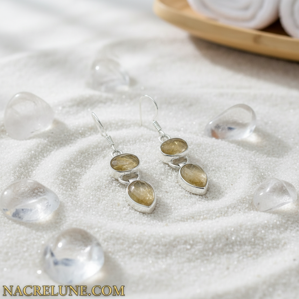 Boucles d'oreille en argent avec quartz rutiles nacrelune.com boucles d'oreille