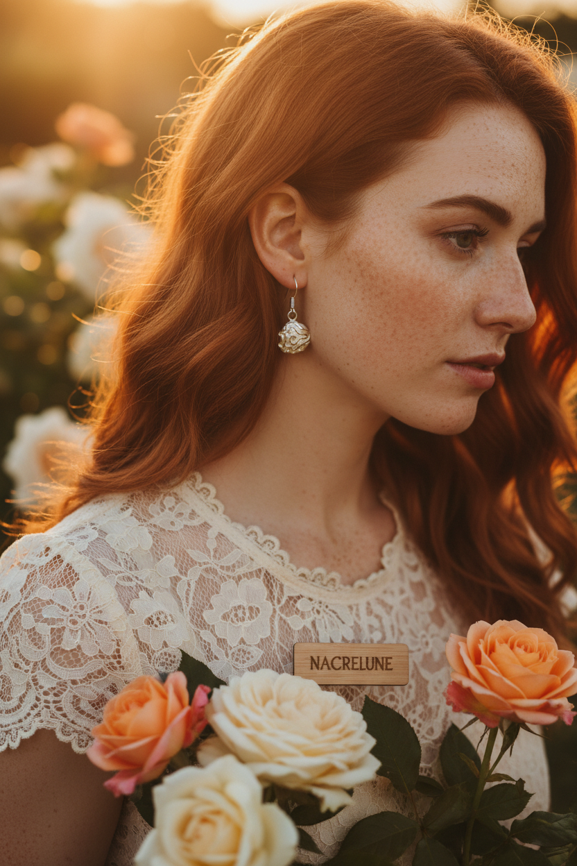 Boucles en argent véritable en forme de rose nacrelune.com boucles d'oreille