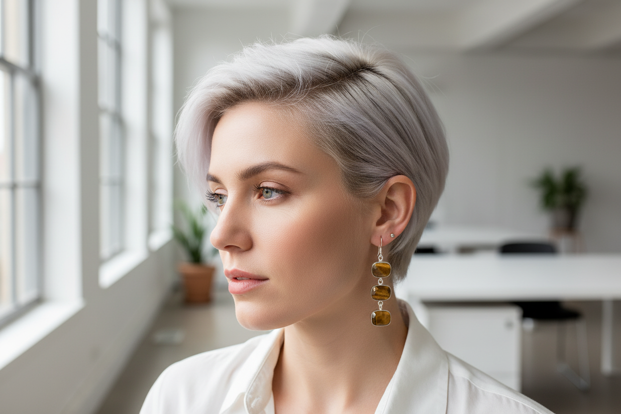 Boucles d'oreille en argent avec oeil du tigre taillé nacrelune.com boucles d'oreille