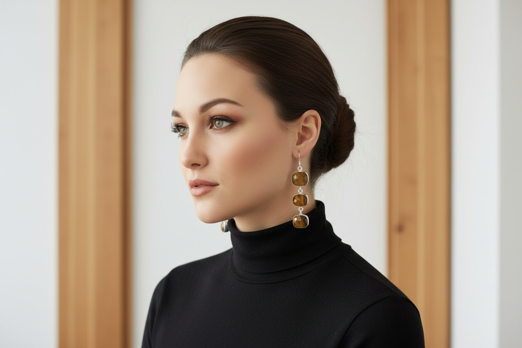 Boucles d'oreille en argent avec oeil du tigre taillé nacrelune.com boucles d'oreille