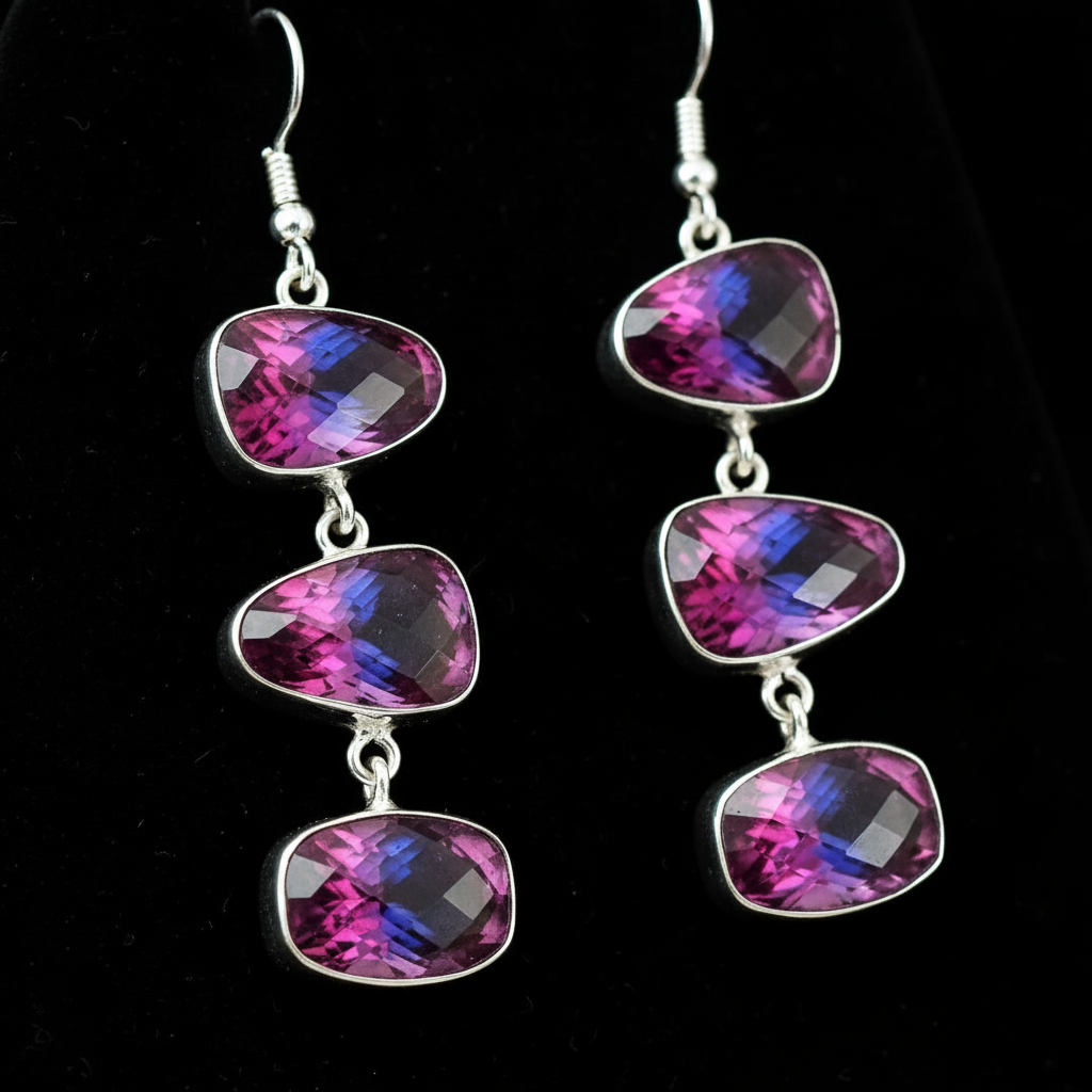 Boucles d'oreille en argent avec topazes mystiques rose-bleu nacrelune.com boucles d'oreille
