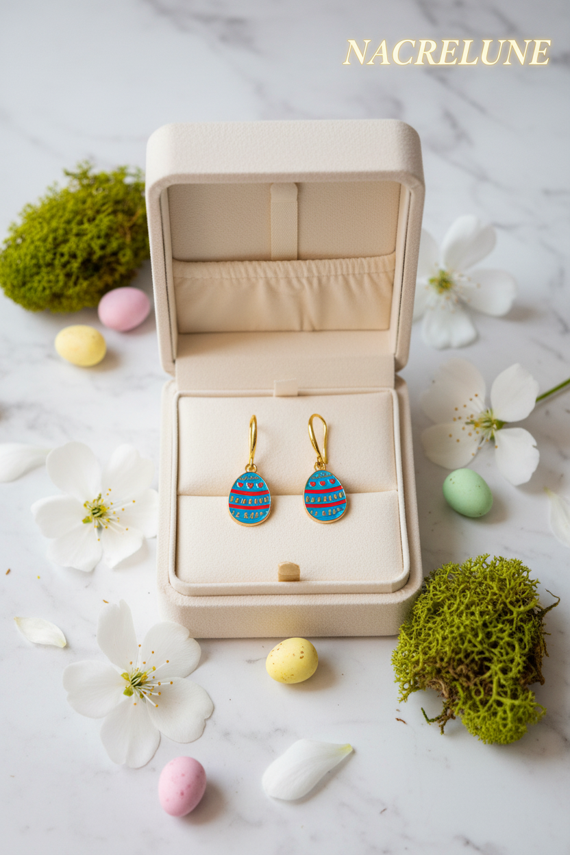 Boucles d'Oreille Œuf de Pâques en Émail Bleu – Bijou Fantaisie Printanier | NACRELUNE NACRELUNE boucles d'oreille