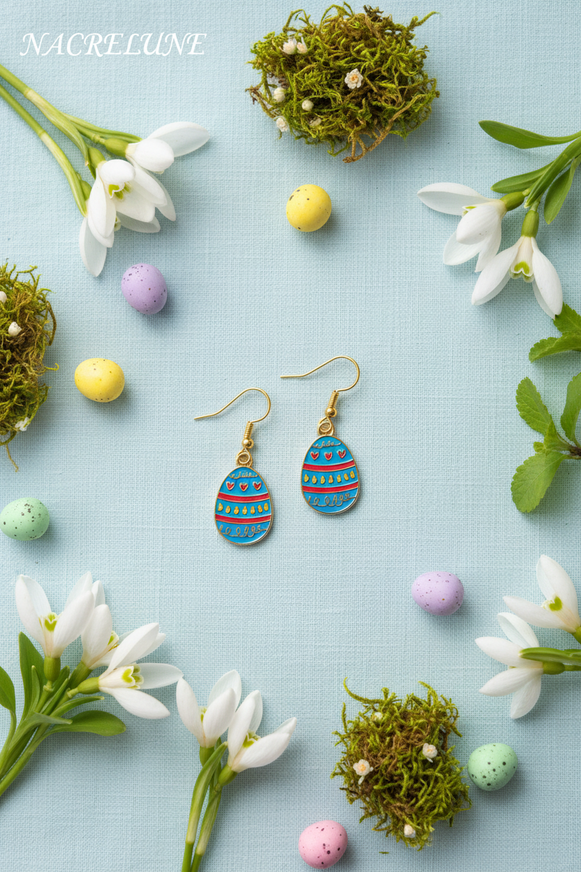 Boucles d'Oreille Œuf de Pâques en Émail Bleu – Bijou Fantaisie Printanier | NACRELUNE NACRELUNE boucles d'oreille