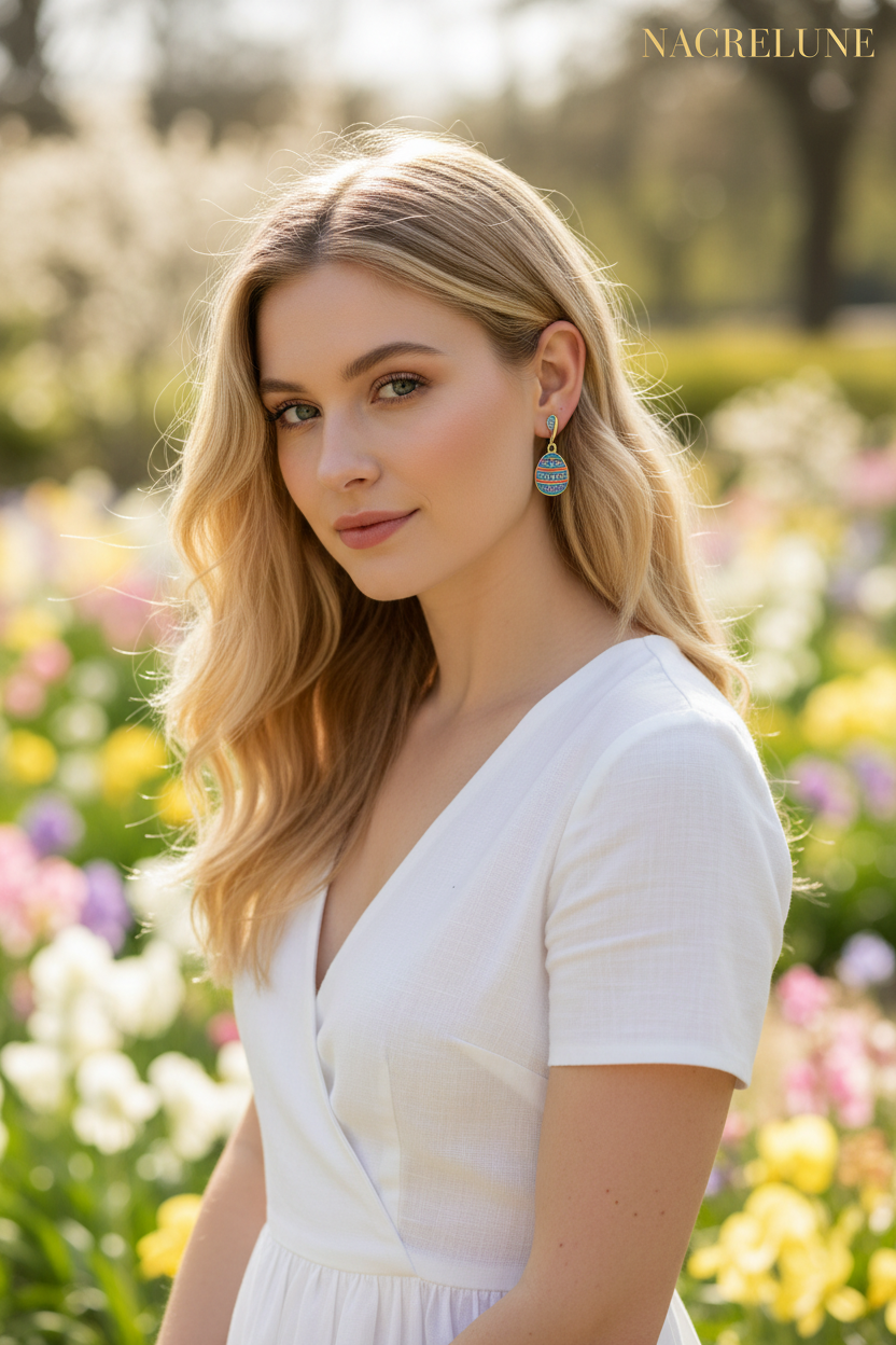 Boucles d'Oreille Œuf de Pâques en Émail Bleu – Bijou Fantaisie Printanier | NACRELUNE NACRELUNE boucles d'oreille