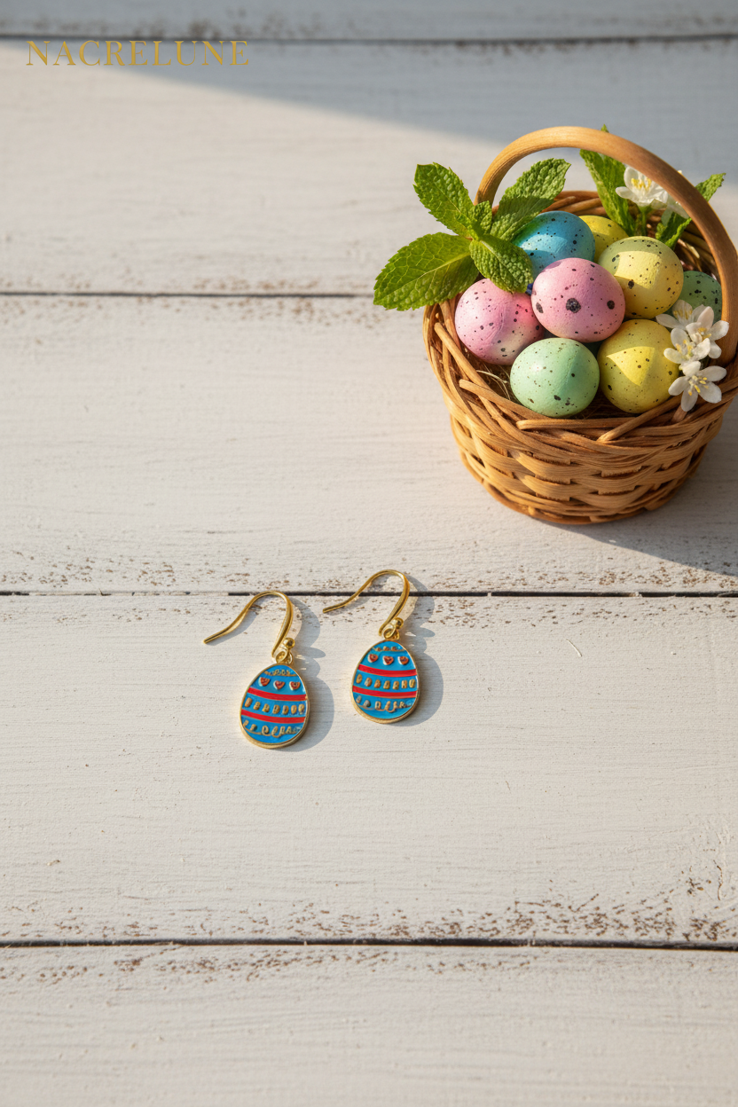 Boucles d'Oreille Œuf de Pâques en Émail Bleu – Bijou Fantaisie Printanier | NACRELUNE NACRELUNE boucles d'oreille