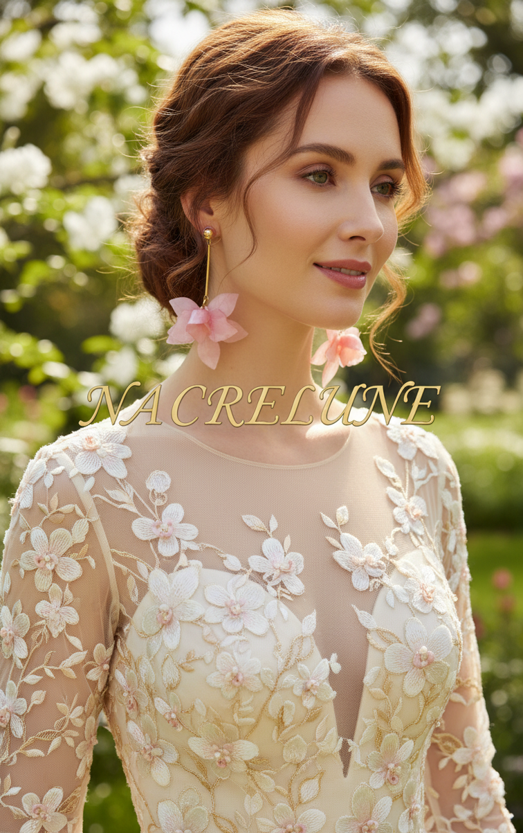 Boucles d’oreilles fantaisie longues orchidée rose en résine-NACRELUNE NACRELUNE boucles d'oreille