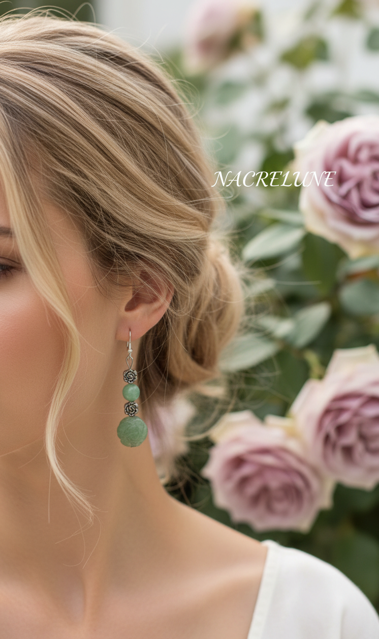 Boucles d'Oreilles Aventurine Pierre Naturelle Verte nacrelune.com boucles d'oreille