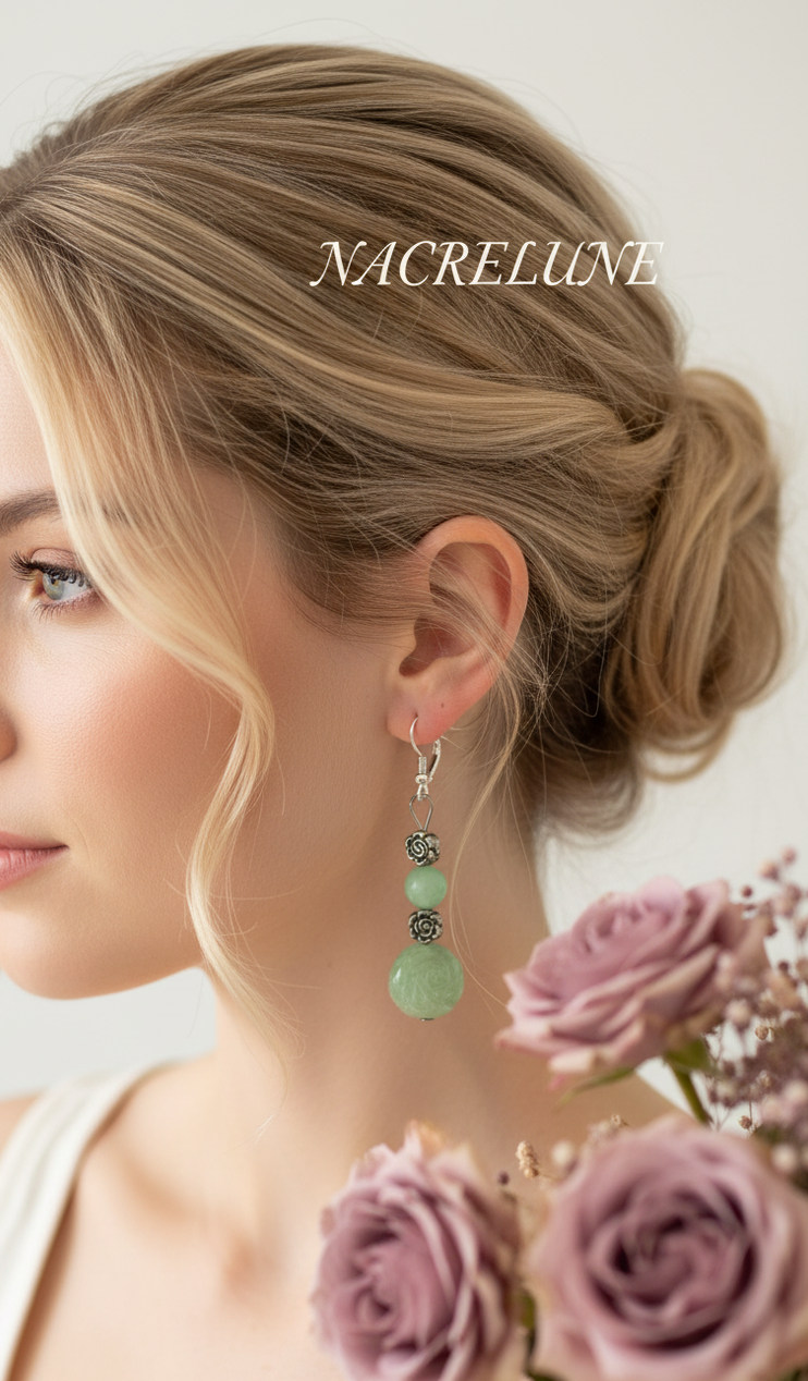 Boucles d'Oreilles Aventurine Pierre Naturelle Verte nacrelune.com boucles d'oreille