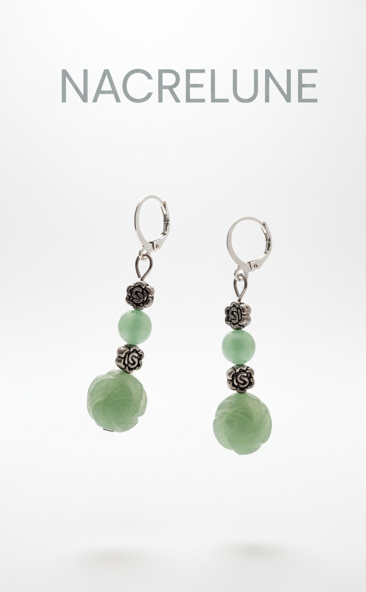 Boucles d'Oreilles Aventurine Pierre Naturelle Verte nacrelune.com boucles d'oreille