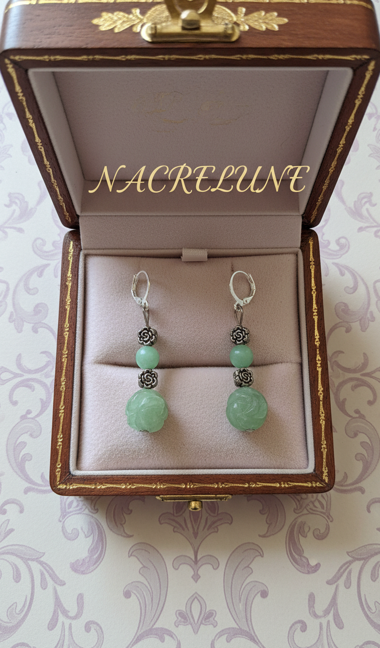 Boucles d'Oreilles Aventurine Pierre Naturelle Verte nacrelune.com boucles d'oreille