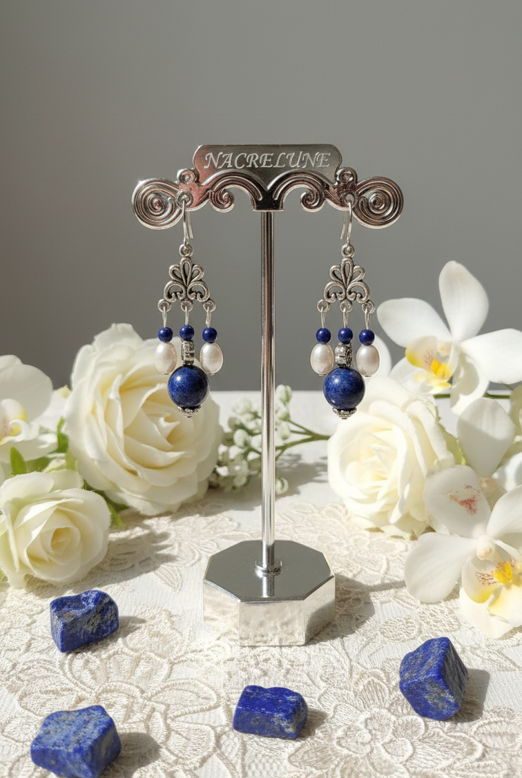 Boucles d'Oreille en Lapis Lazuli & Perles | Pierre de Sagesse