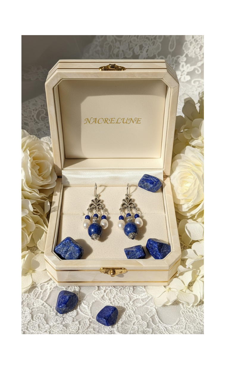 Boucles d'Oreille en Lapis Lazuli & Perles | Pierre de Sagesse