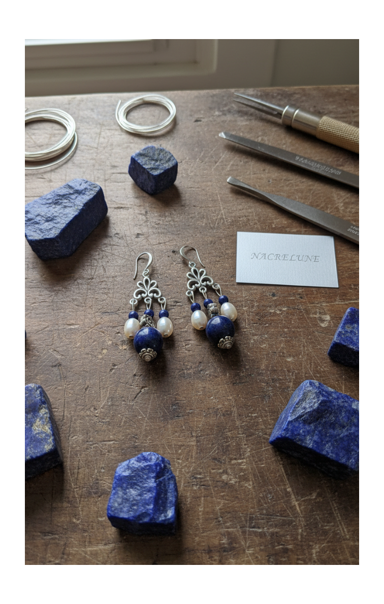 Boucles d'Oreille en Lapis Lazuli & Perles | Pierre de Sagesse