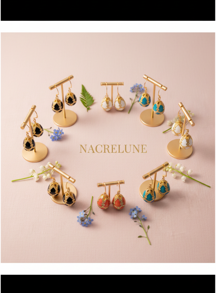Boucles d'Oreilles Œuf de Pâques Style Fabergé en Émail | NACRELUNE NACRELUNE boucles d'oreille