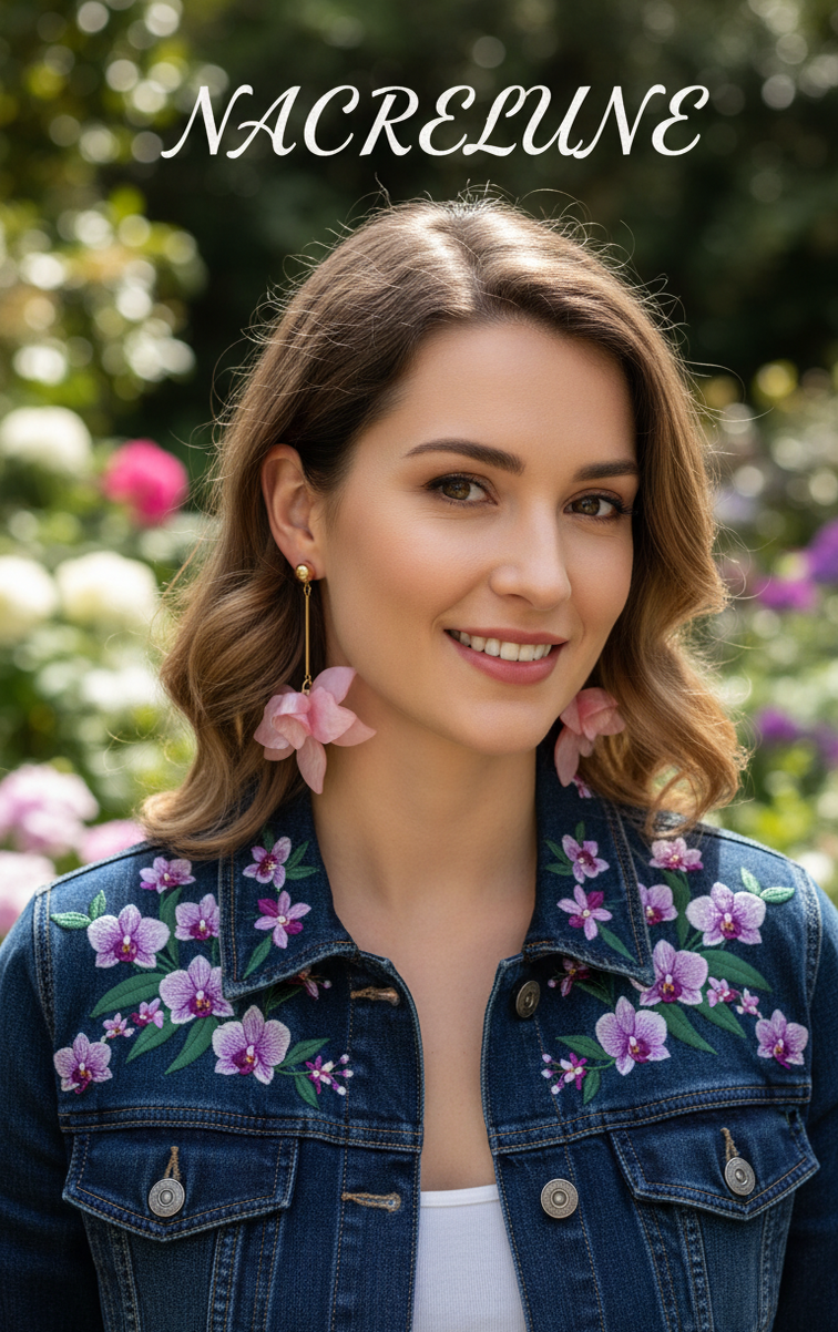 Boucles d’oreilles fantaisie longues orchidée rose en résine-NACRELUNE NACRELUNE boucles d'oreille