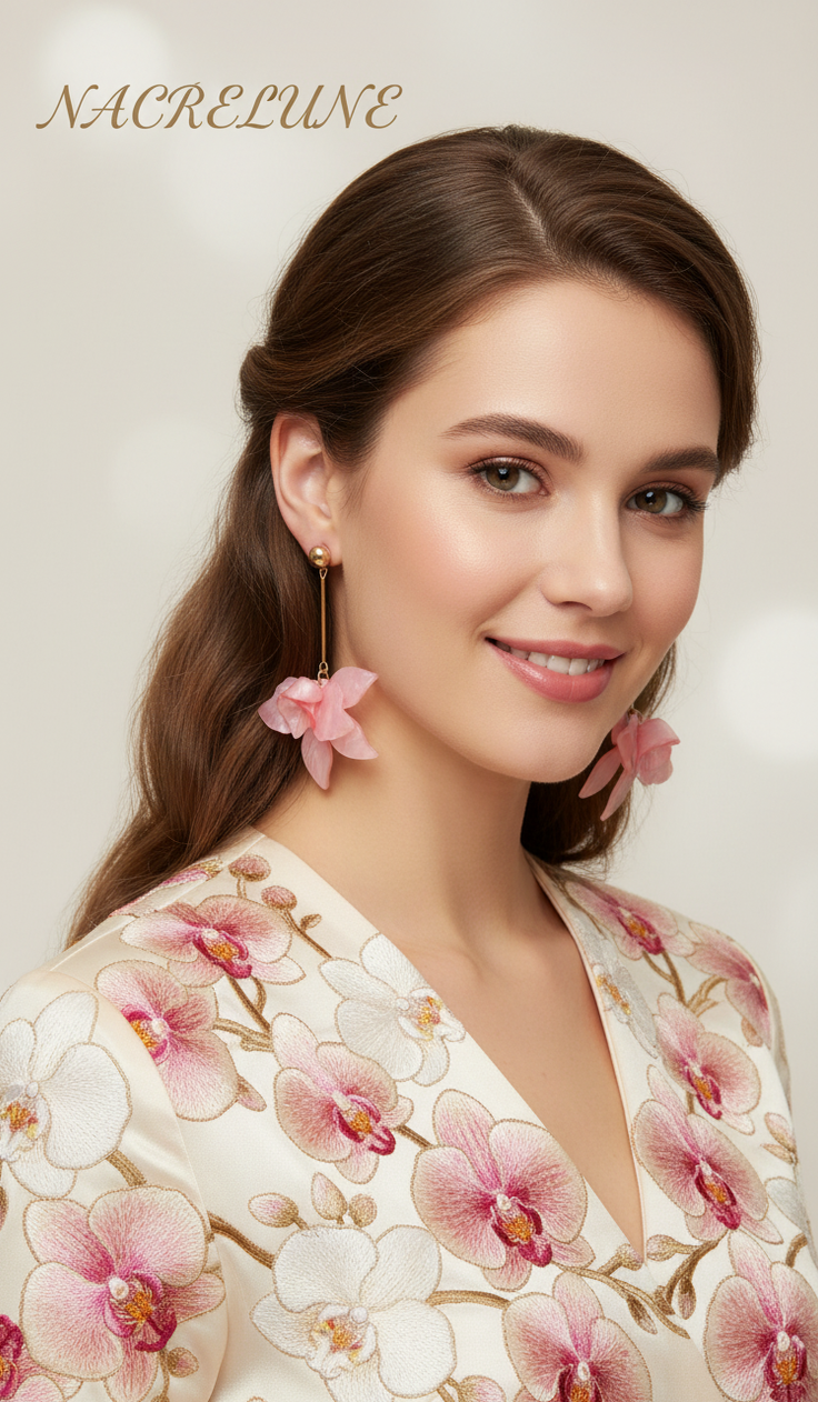 Boucles d’oreilles fantaisie longues orchidée rose en résine-NACRELUNE NACRELUNE boucles d'oreille