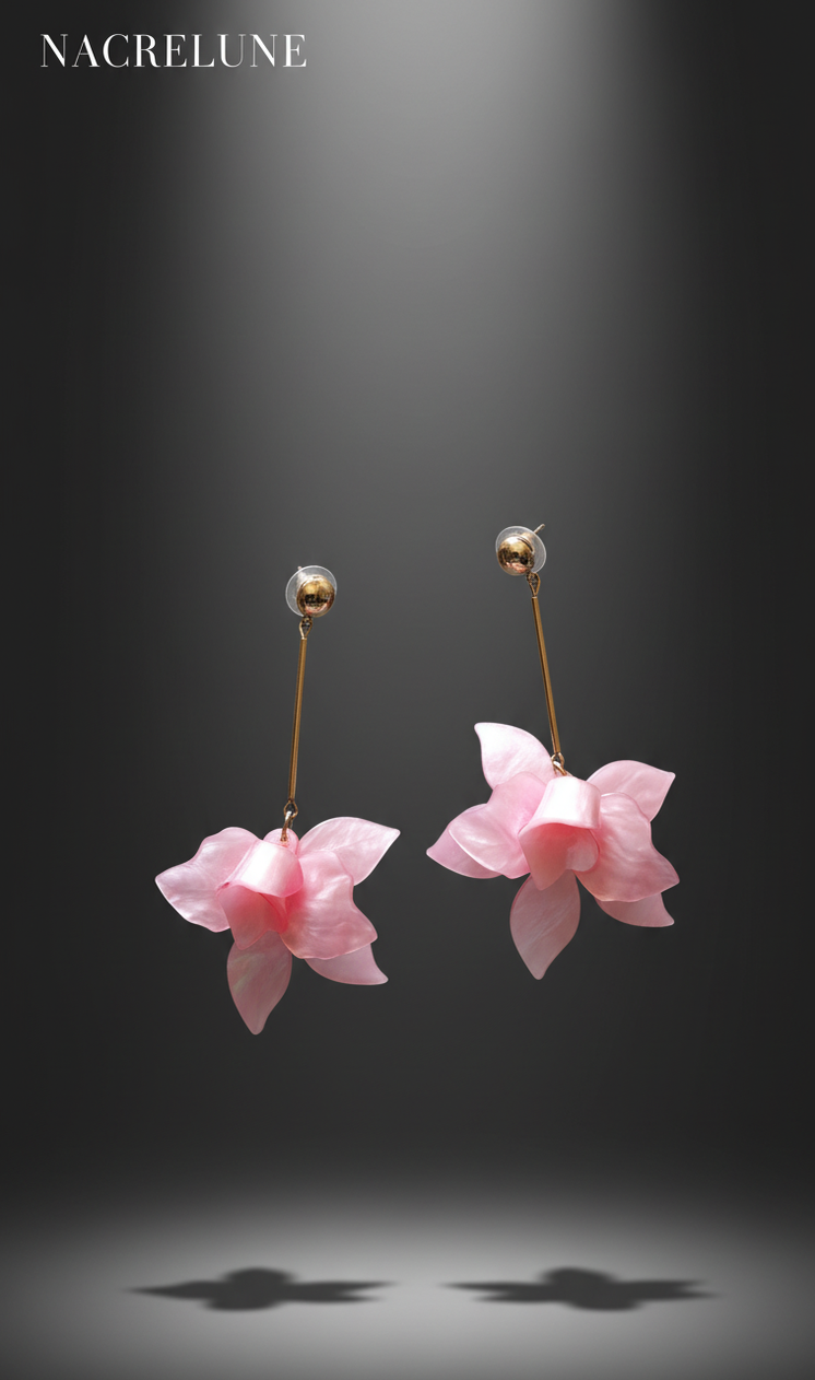 Boucles d’oreilles fantaisie longues orchidée rose en résine-NACRELUNE NACRELUNE boucles d'oreille