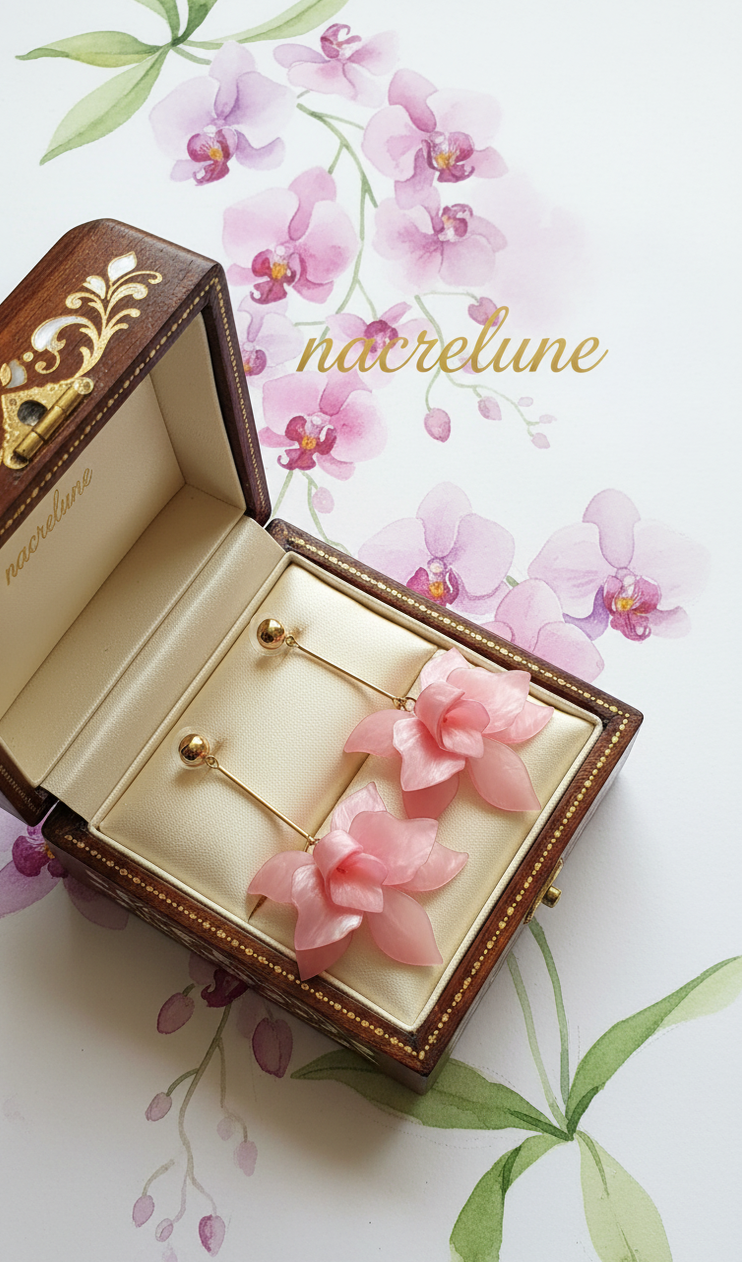 Boucles d’oreilles fantaisie longues orchidée rose en résine-NACRELUNE NACRELUNE boucles d'oreille