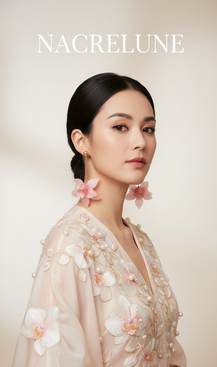 Boucles d’oreilles fantaisie longues orchidée rose en résine-NACRELUNE NACRELUNE boucles d'oreille