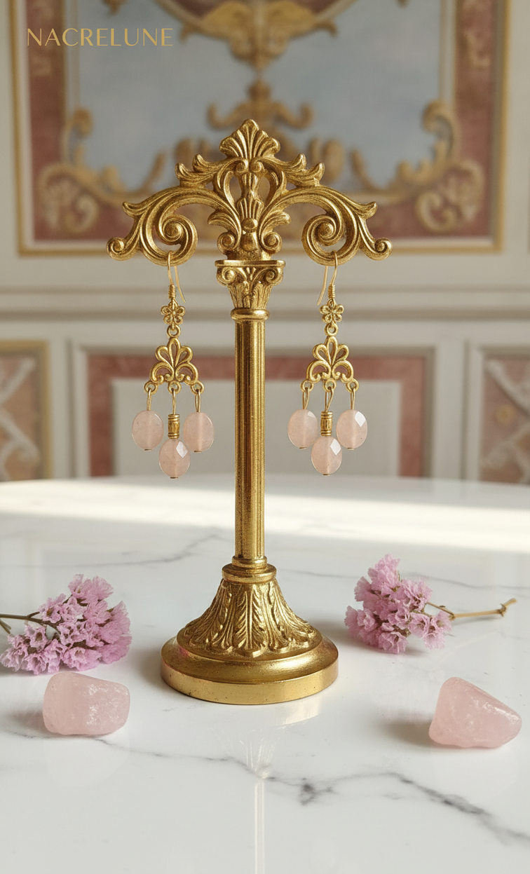 Pendientes de piedra lunar rosa – Joya de litoterapia y dulzura lunar