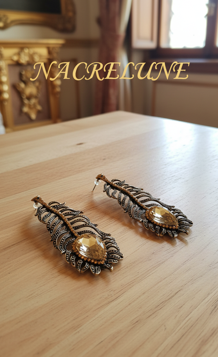 Boucles d’oreilles longues en strass, forme plume-NACRELUNE NACRELUNE boucles d'oreille