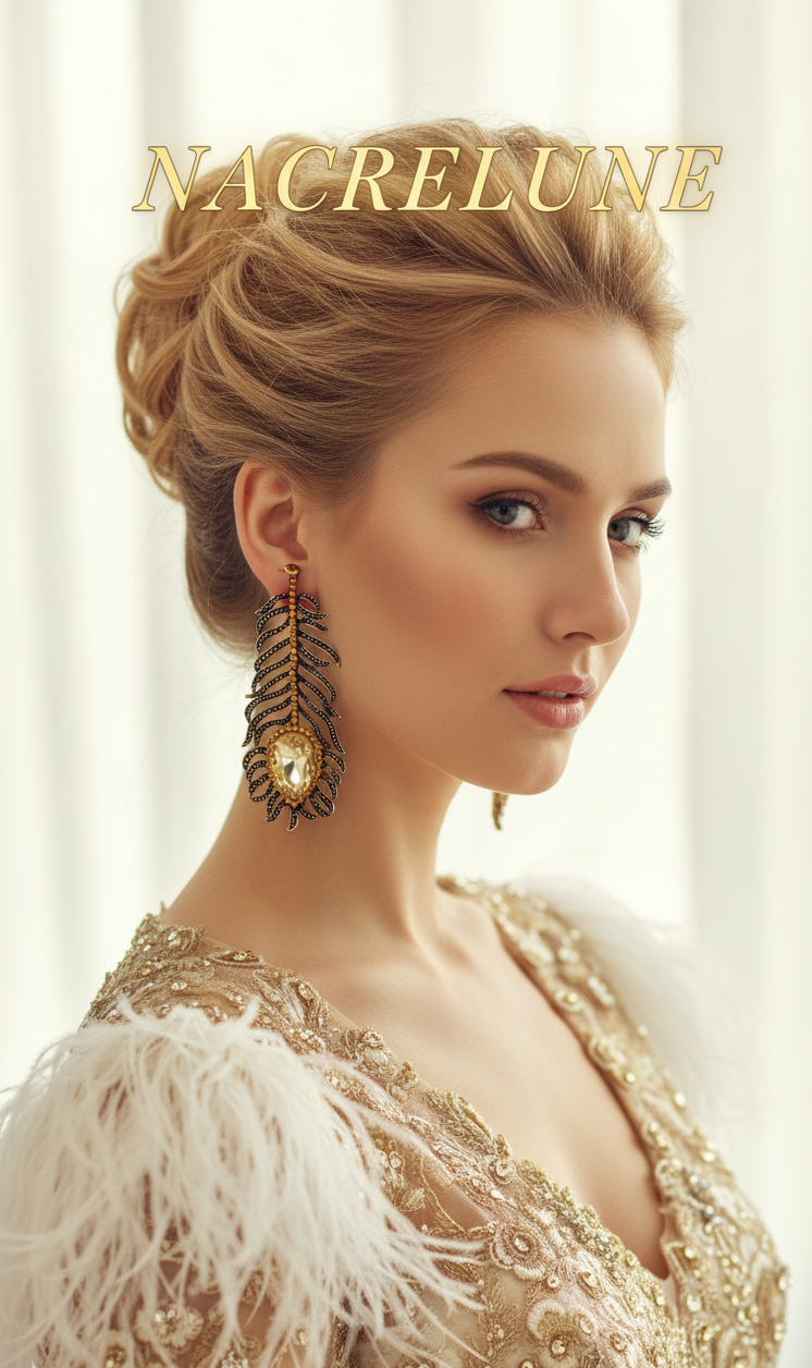 Boucles d’oreilles longues en strass, forme plume-NACRELUNE NACRELUNE boucles d'oreille