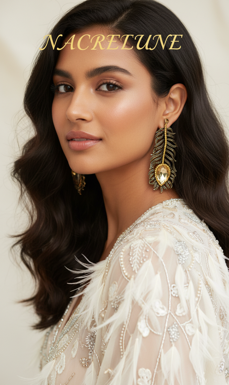 Boucles d’oreilles longues en strass, forme plume-NACRELUNE NACRELUNE boucles d'oreille