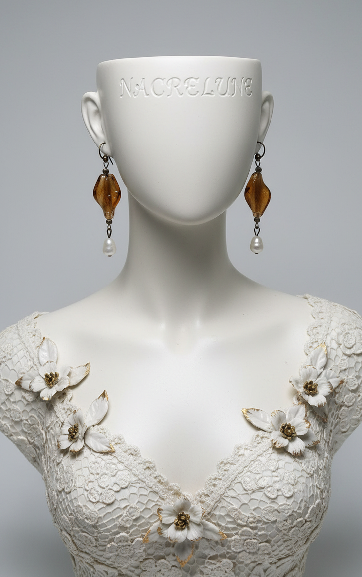 Boucles d’oreilles perles de culture et verre mordoré | NACRELUNE NACRELUNE boucles d'oreille