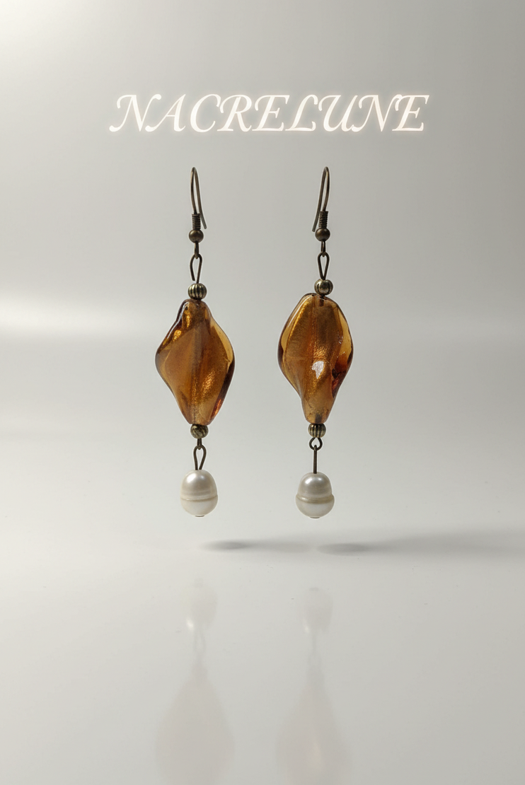 Boucles d’oreilles perles de culture et verre mordoré | NACRELUNE NACRELUNE boucles d'oreille